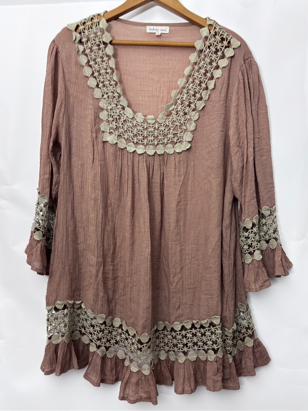 Chic Boho Brown Tunic Gauze Crochet Trim Oversized Large